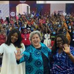L to R: U.S. Exchange Alumna and Program Partner for Academy for Women Entrepreneurs (AWE), Inya Lawal; U.S. Ambassador Mary Beth Leonard; and Nollywood Actress and AWE mentor Joke Silva during the 2021 AWE graduation ceremony in Ile Ife, Osun State.