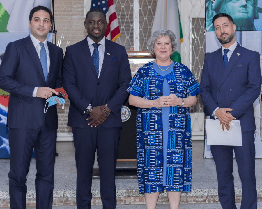 L-R: CEO of Tanit Medical Ltd, Anthony Abou Nader; Varian’s Regional Sales Manager for West & East Africa, Ansu Durukay; U.S. Ambassador Mary Beth Leonard; with Varian’s Head of Government Affairs and Market Development for Europe, Middle East and Africa, Kevin Massoudi during a reception in honor of Varian in Lagos.