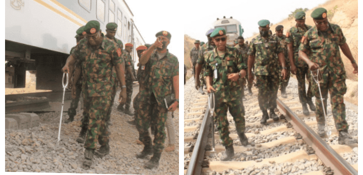 Chief of Defence Staff, Lt. Col. Farouk Yahaya with other military officers at scene of the train attack Nigerians Bewildered By Serial Attacks On Abuja-Kaduna Railway