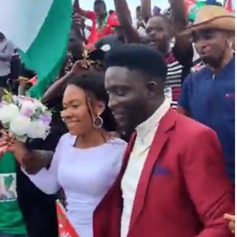 'Name Your First Kid Peter', Obi-dients Tell Newly Wed Couple That Joined Abuja Rally For Obi