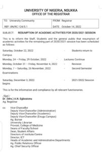 ASUU: UNN Resumes, Students Return To Campus On October 22