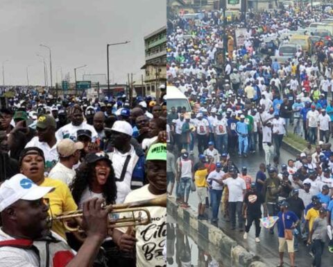 MC Oluomo, Other APC Supporters Defy Sunday Morning Rain In Lagos To Hold 5-million-man March For Tinubu