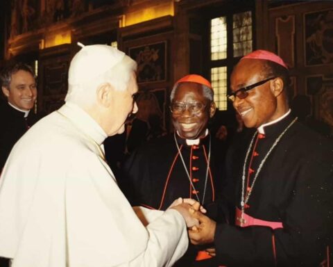 Archbishop Valerian Okeke (right) exchanging pleasantries with the Pope Emeritus Benedict in Vatican during a visit