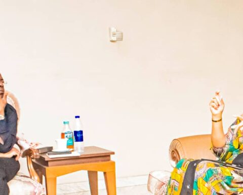 Abia State Governor-Elect, Dr. Alex Otti, OFR, listens as Lynda Saint Nwafor, MTN's Chief Enterprise e-Business Officer makes a point. 