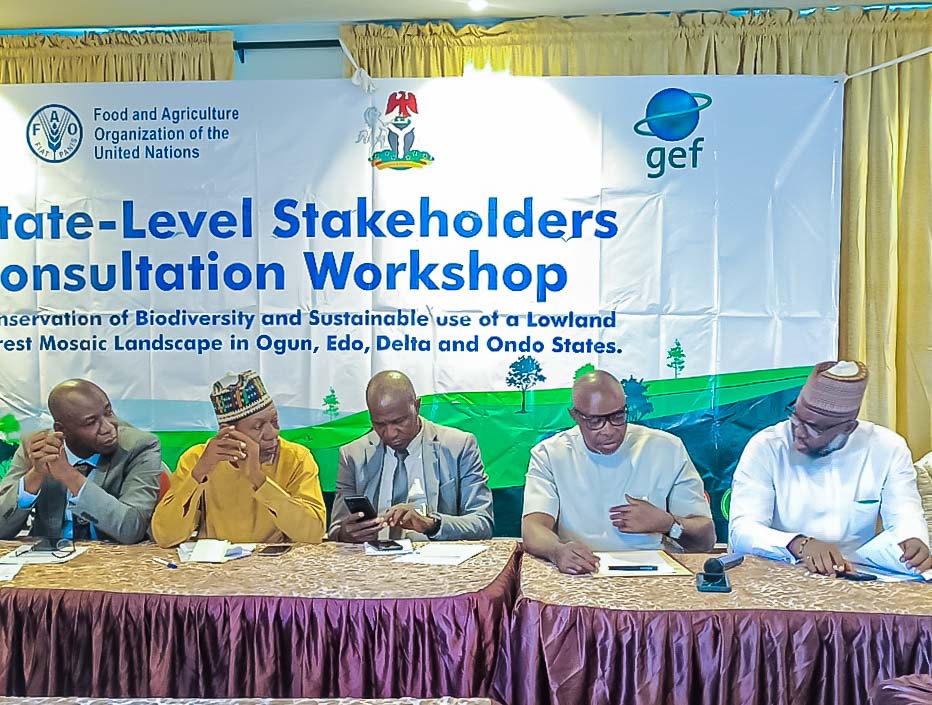 L-R: Consultant to Edo State Government on Forestry, Mr. lucky Wase; Edo State Facilitator, Sustainable Trade Initiative, Comrade Bashiru Kadiri; Permanent Secretary, Edo State Ministry of Environment & Sustainability, Mr Joel Ediowe; Commissioner for Agriculture & Food Security, Hon. Stephen Idehenre, and Commissioner for Environment & Sustainability, Engr Osasere Evboumwan, during a one-day state-level stakeholders’ consultation workshop, themed “Preservation of biodiversity and sustainable use of lowland forest mosaic in Ogun, Edo, Delta and Ondo States,’ in Benin City, the Edo State capital.