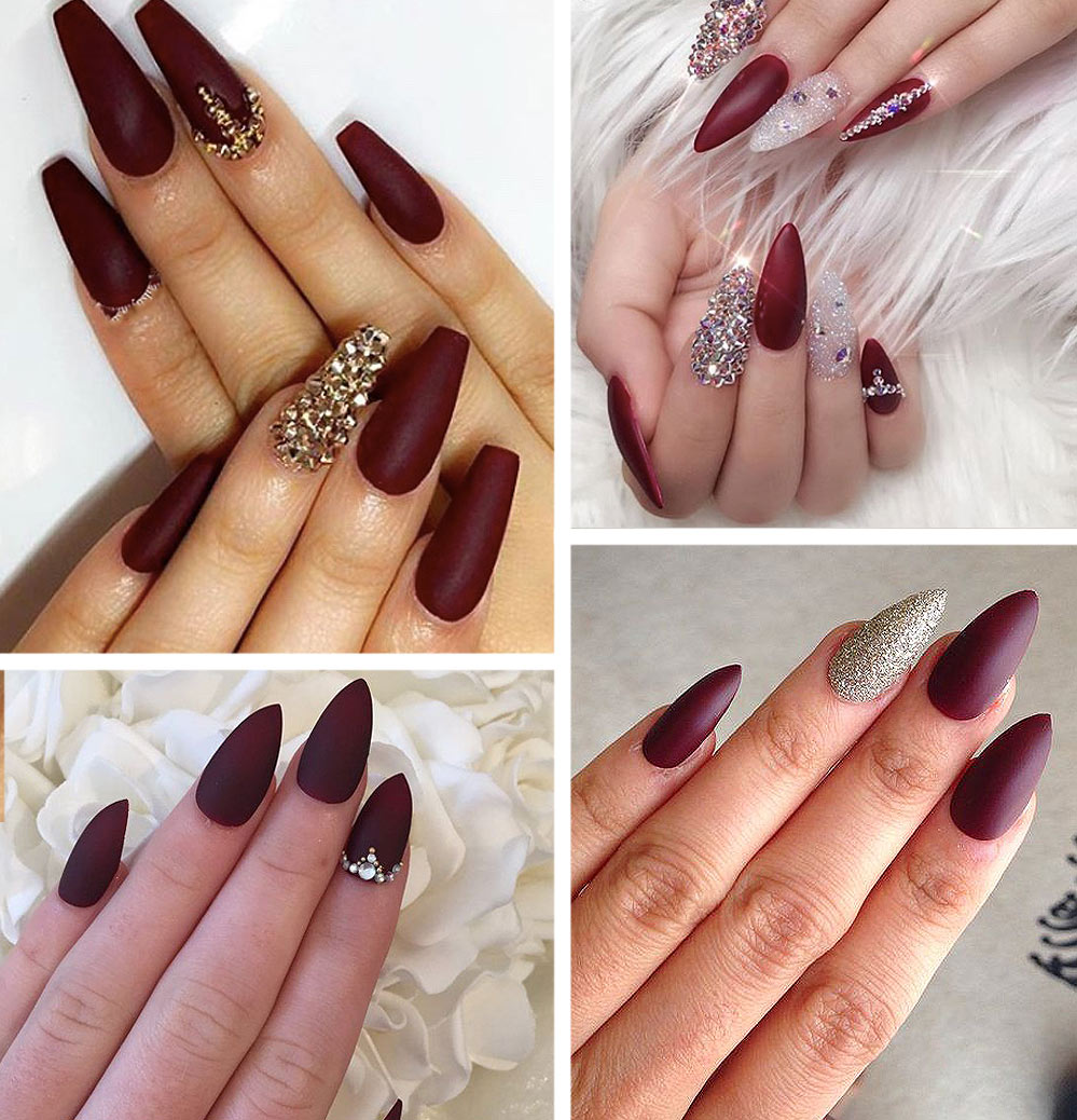 Mix Rose Gold Glitter Frosted Burgundy Matte Stiletto False Nails 24pcs  Full Cover Amlond Finished Pre