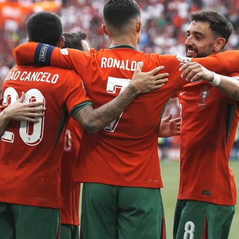 Cristiano Ronaldo and Bruno Fernandes after the former set up the latter against Turkey