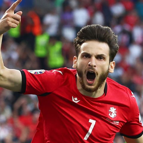 Khvicha Kvaratskhelia celebrates his early goal that set Georgia on their way