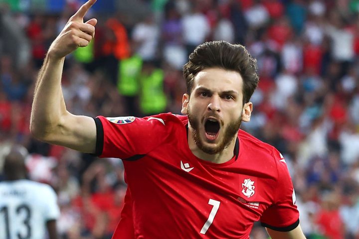 Khvicha Kvaratskhelia celebrates his early goal that set Georgia on their way