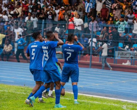 shooting stars' Christian Pyagbara celebrates his goal against Rangers Wednesday