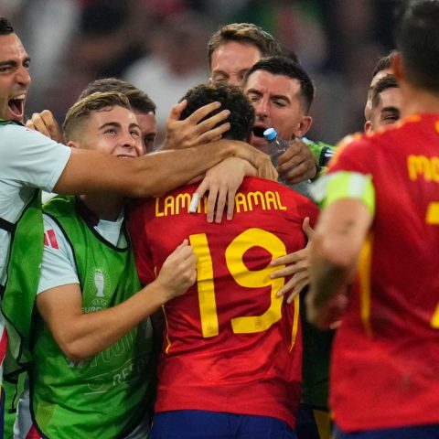 year old Lamine Yamal mobbed following his wonder goal