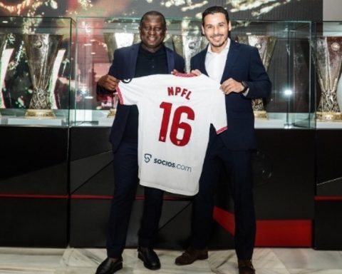 Gbenga Elegbeleye Chairman NPFl with a representative of La Liga