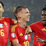 Spain celebrate their fourth goal scored by Dani Olmo