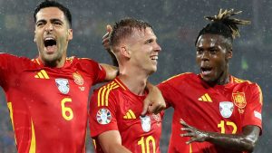 Spain celebrate their fourth goal scored by Dani Olmo