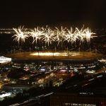 Fireworks explode above the Stade de France