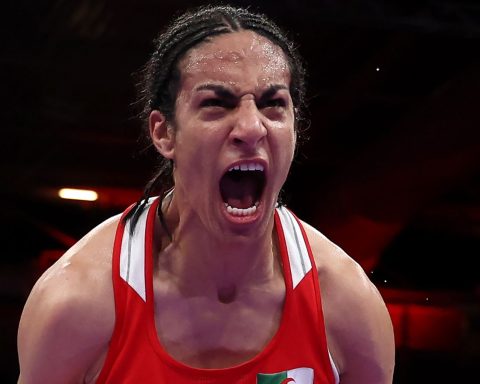 Imane Khelif of Team Algeria celebrates victory against Anna Luca Hamori of Team Hungary after the Women's kg Quarter final round match on day eight of the Olympic Games Paris