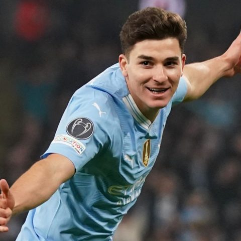 Julian Alvarez celebrates scoring for Man city