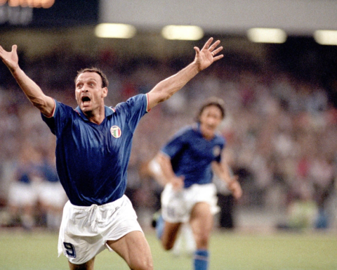 Italy's Salvatore Schillaci celebrates scoring a goal against Argentina in 1990.