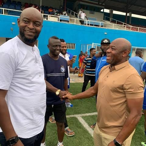 Rivers United Coach Finidi George and Heartland Coach Emmanuel Amuneke