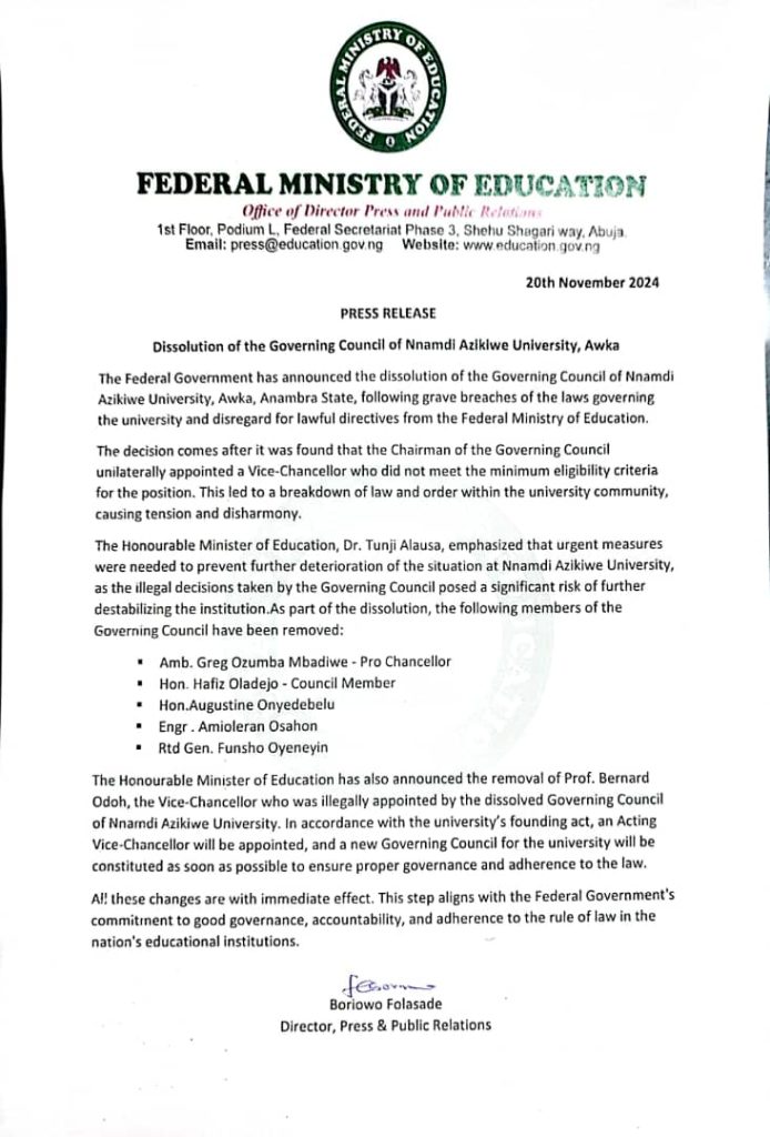 Nigeria govt sacks UNIZIK VC 