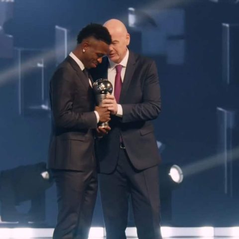 FIFA Best Player Vinicius Jnr with FIFA President Gianni Infantio Tuesday