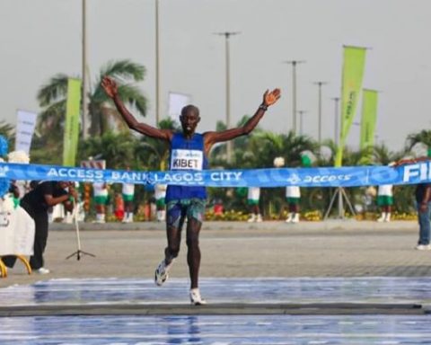 Kenya's Edwin Kibet crosses the finish line