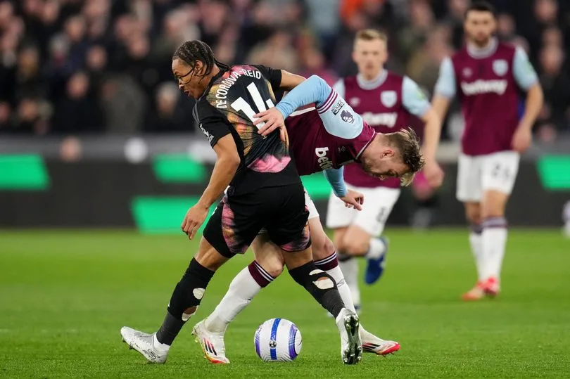 Leicester City's Bobby Decordova Reid (left) and West Ham United's Jarrod Bowen