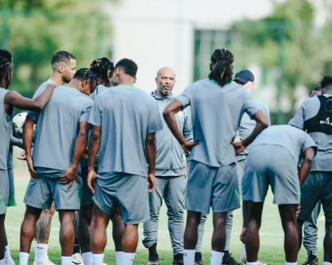 Super Eagles coach dishing out instructions during training Wednesday in Kigali