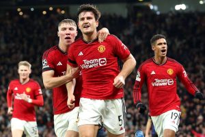 Harry Maguire celebrates after scoring for Man U Harry Maguire celebrates after scoring for Man U