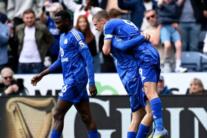 Jamie Vardy celebrates after netting his th goal for Foxes