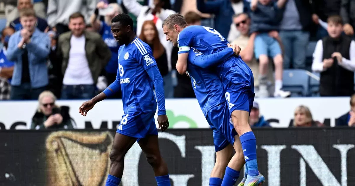 Jamie Vardy celebrates after netting his th goal for Foxes