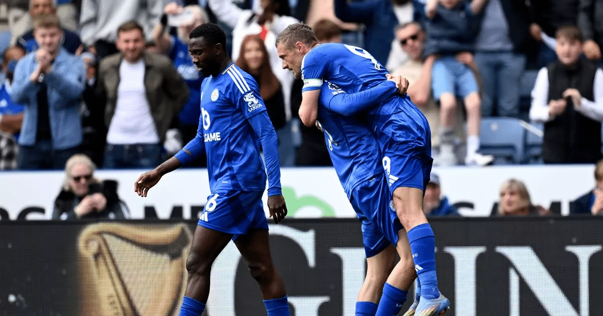 Jamie Vardy celebrates after netting his th goal for Foxes