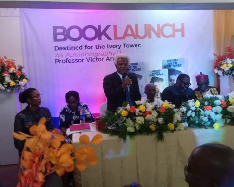 Victor Anosa speaking during book launch