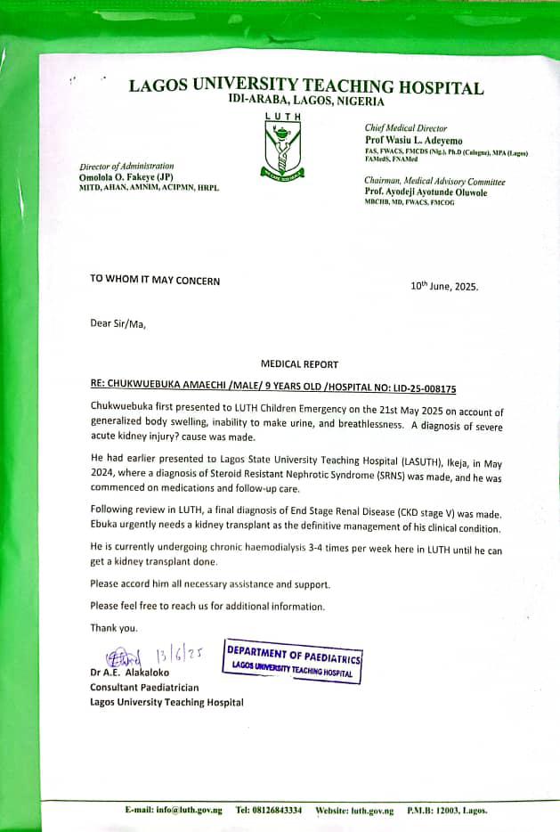 9-year-old Chukwuebuka Amaechi Needs ₦38m For Life-saving Kidney Transplant