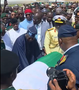 VIDEO Tinubu Receives Buhari’s Remains At Katsina Airport