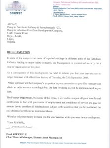 Dangote Refinery document on the dismissal of All Staffs