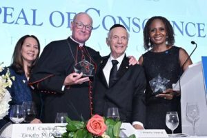 l-r: Executive Vice President, Appeal of Conscience Foundation, Karen Dresback; Archbishop of New York and Award Recipient, Cardinal Timothy Dolan and Dr Awele Elumelu, accepting 2025 Appeal of Conscience Award on behalf of her husband, Tony Elumelu, Group Chairman of United Bank for Africa (UBA) and Founder of Tony Elumelu Foundation; Founder, Appeal of Conscience Foundation, Rabbi Arthur Schneier,  during the 60th Annual Appeal of Conscience Awards in New York on Monday